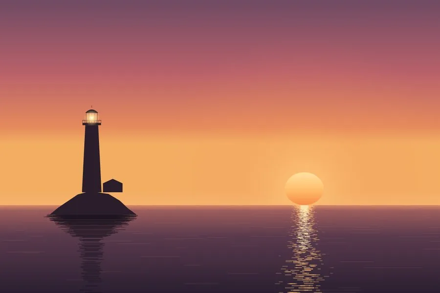 Silhouette de phare, soleil aplati sur l'horizon