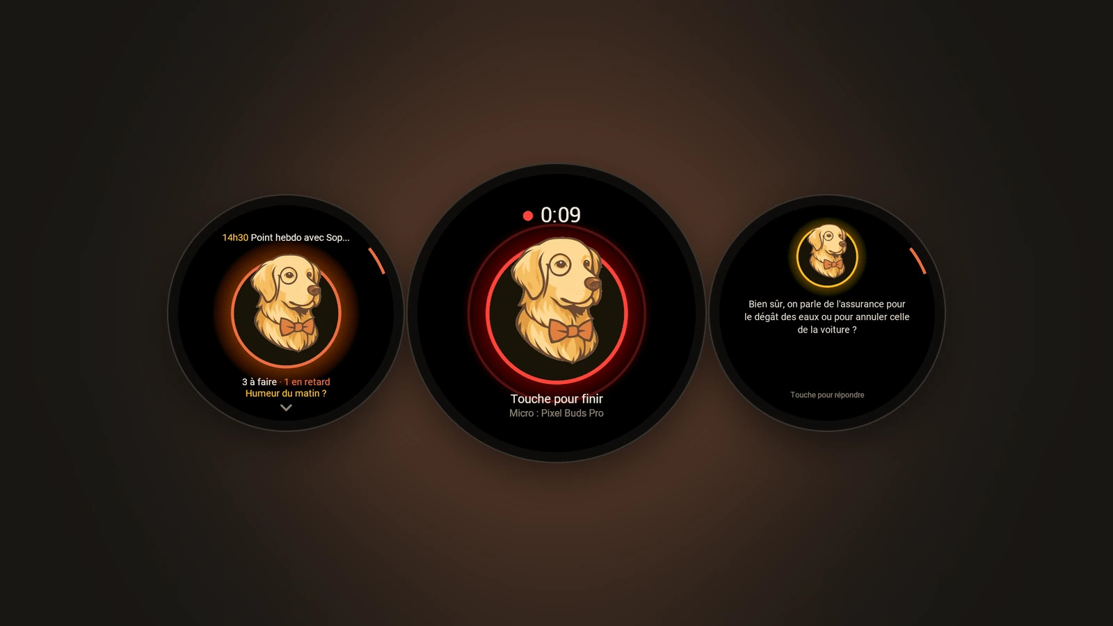 Trois écrans de l'app Newton sur une montre Garmin Venu 3 : l'accueil, une idée en cours d'enregistrement, et une question de Newton
