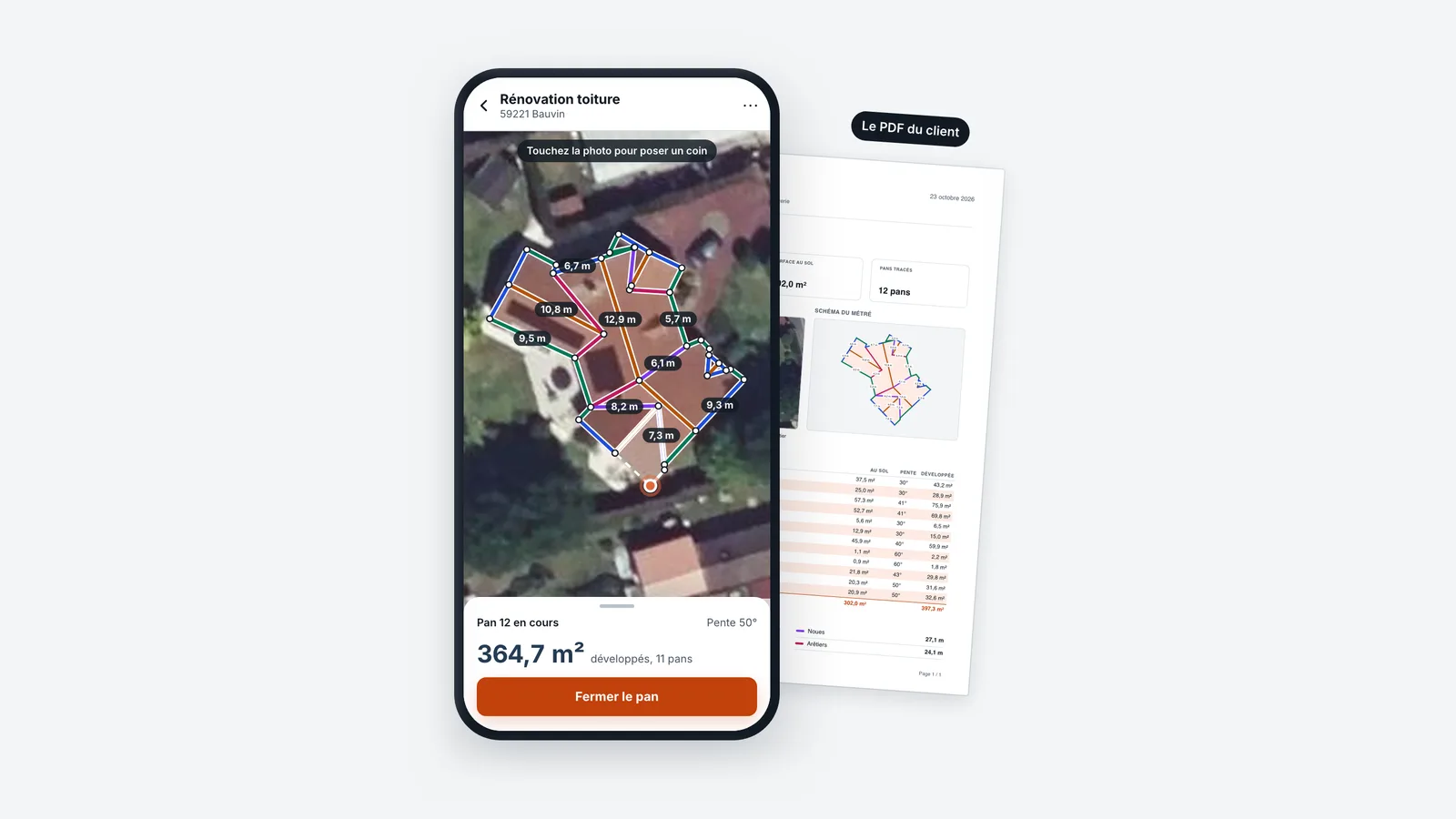 L'application Le Vol d'Oiseau sur un téléphone : les pans d'un toit tracés sur la photo aérienne avec la longueur de chaque arête et 364,7 m² développés sur 11 pans, à côté du PDF remis au client